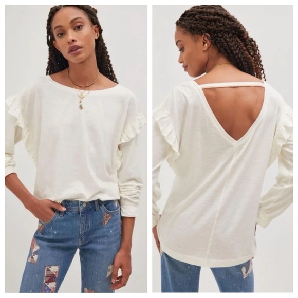 Anthropologie Tops - Anthro Pilcro Ivory Cotton Ruffle Shoulder Tee Coquette Cottagecore Women Medium